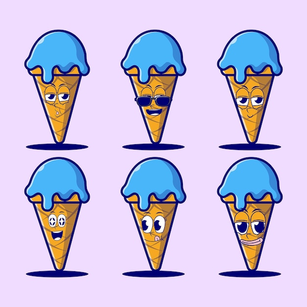 Emojis de desenhos animados vetoriais de sorvete de baunilha azul