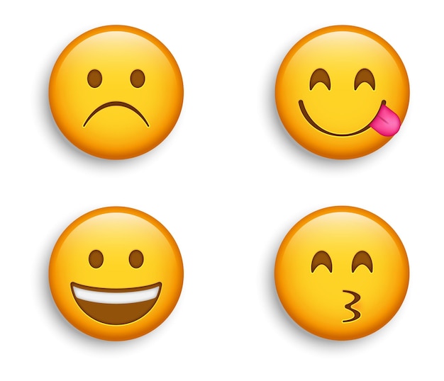 Emojis populares - face carrancuda de tristeza com emoji sorridente e emoticon kissy feliz, personagem licking lips