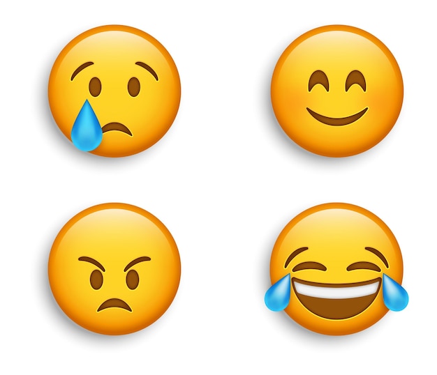 Emojis populares - rosto de sorriso fofo com olhos sorridentes - emoji zangado - lágrimas rindo de alegria - emoticon chorando