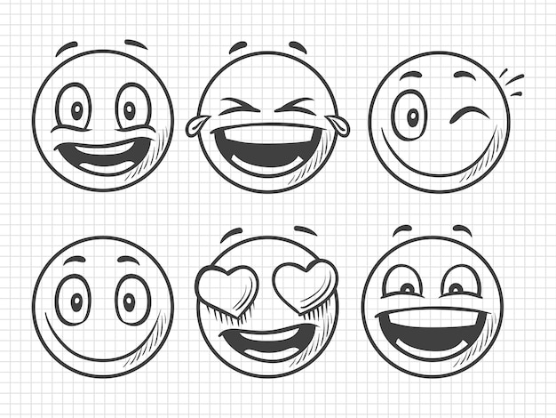 Vetor emojis positivos mão desenhada, esboço de sorriso