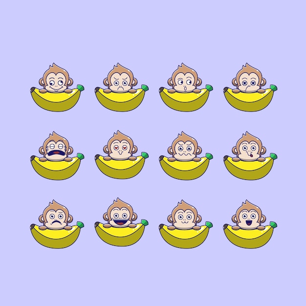 Vetor emoticon de banana de macaco fofo