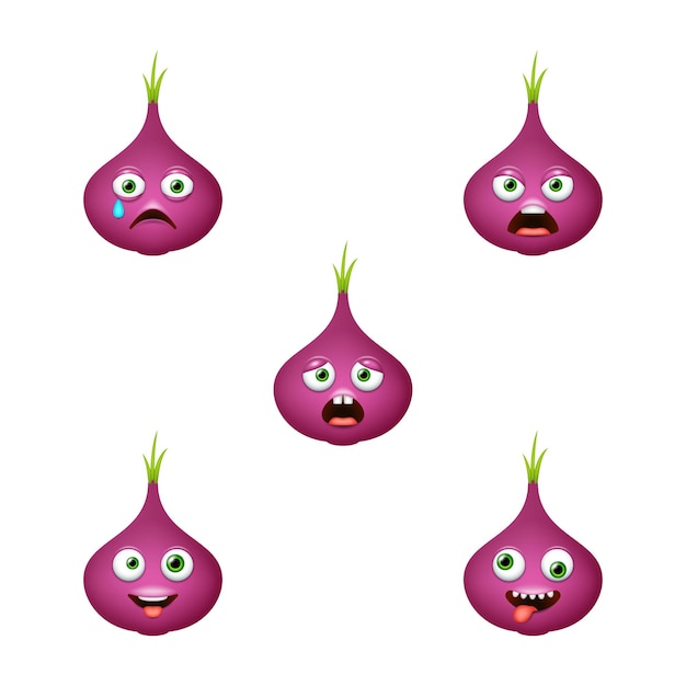 Emoticon de lindo conjunto de vetores isolados de cebola vermelha