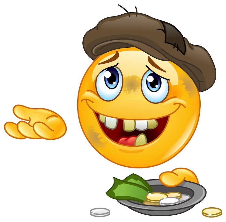 Vetor emoticon de mendigo sem-abrigo implorando por dinheiro