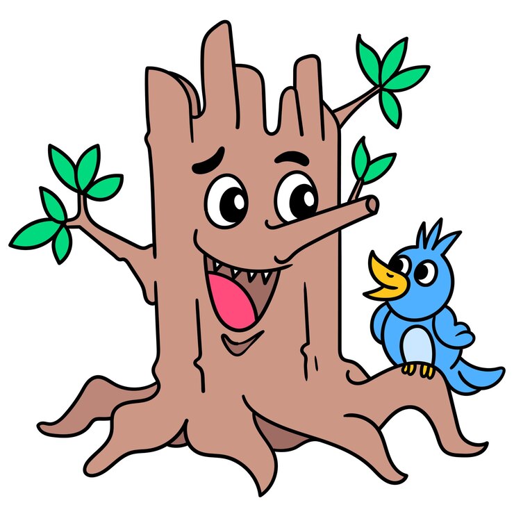 Vetor emoticon de um tronco de árvore sorridente, brincando com um pequeno pássaro, doodle desenhar kawaii. ilustração vetorial arte