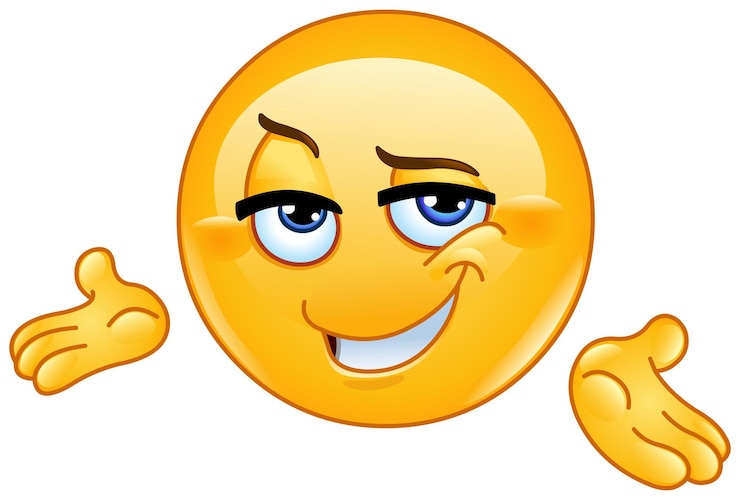 Vetor emoticon emoji confiante apresentando com as mãos
