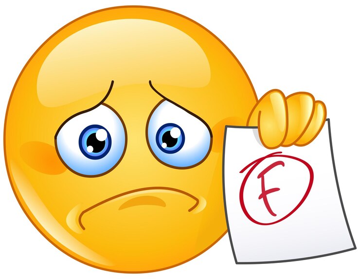 Vetor emoticon emoji decepcionado mostrando um papel com grau de falha f