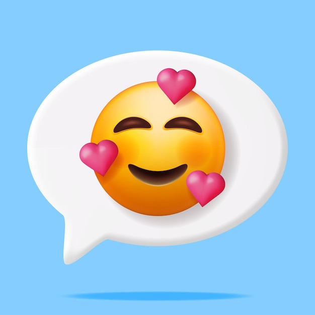 Emoticon feliz com três corações na bolha do discurso