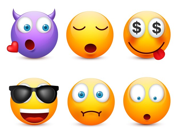 Vetor emoticon sorridente definido rosto amarelo com emoções expressão facial de humor emoji realista triste feliz zangado