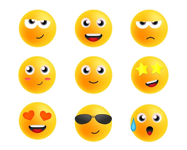 Emoticons bonitos dos desenhos animados. Ícones de sorrisos. Conjunto de vetores de emoji