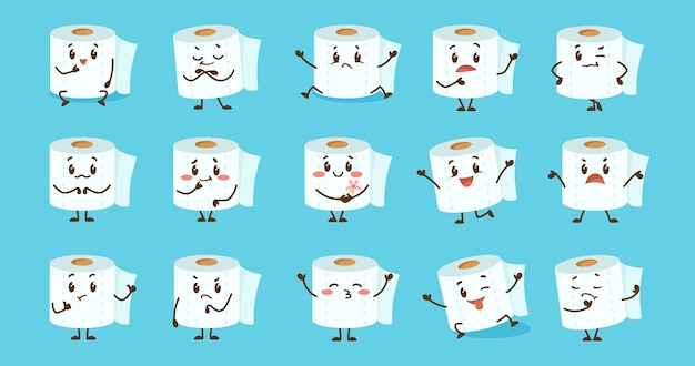 Emoticons com conjunto de ilustrações vetoriais de papel higiênico em quadrinhos fofo