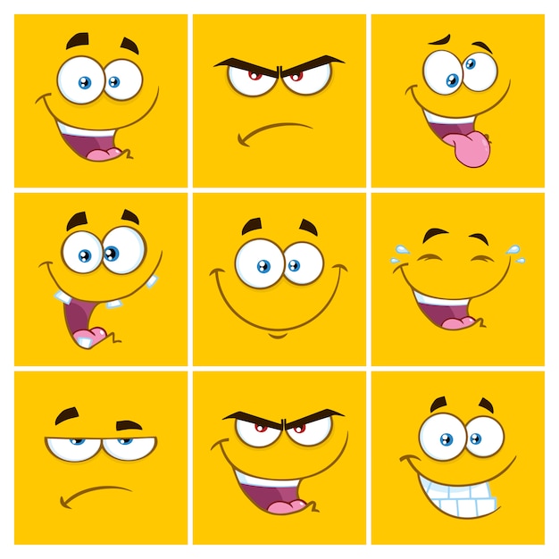 Emoticons de quadrados amarelos dos desenhos animados com conjunto de expressão