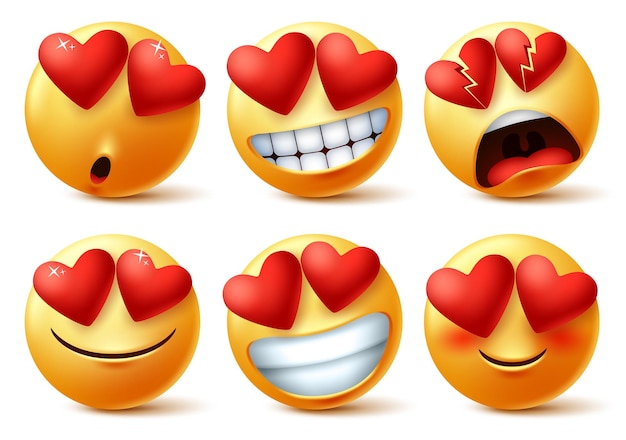 Vetor emoticons ou emojis rosto com vetor de olho de coração definido emoji de corações vermelhos apaixonados e quebrados