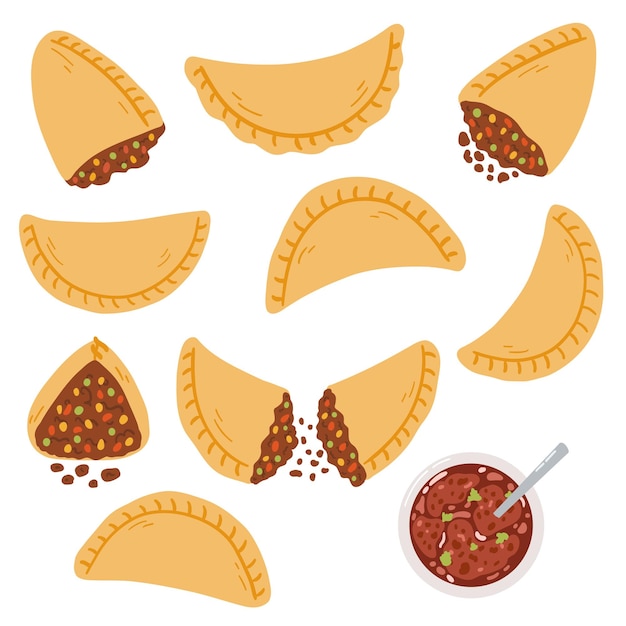 Vetor empanadas em estilo simples de desenho animado ilustração vetorial desenhada à mão da cozinha folclórica tradicional da américa latina