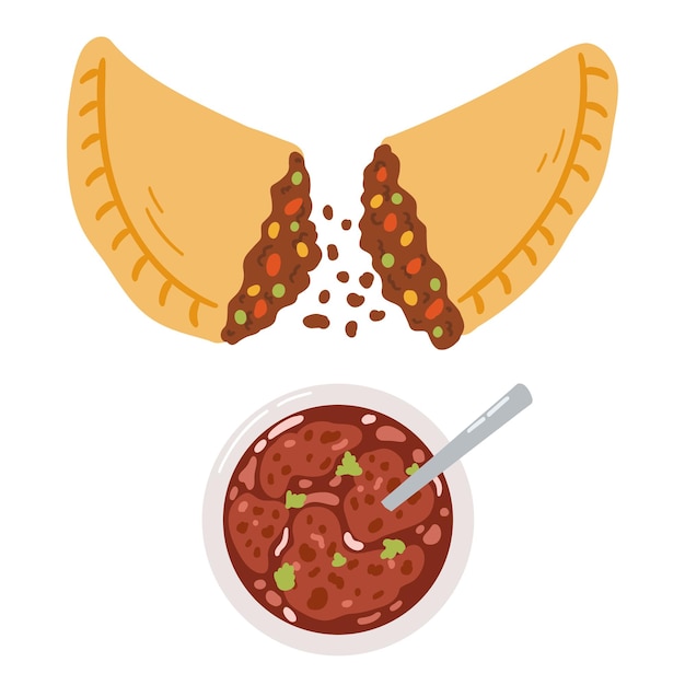 Empanadas em estilo simples de desenho animado ilustração vetorial desenhada à mão da cozinha folclórica tradicional da américa latina