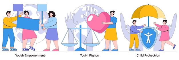 Vetor empoderamento da juventude e conceito de proteção da criança de direitos com personagens de pessoas pacote de ilustração de proteção de direitos dos jovens agir para melhorar a qualidade de vida envolvimento metáfora da idade de voto