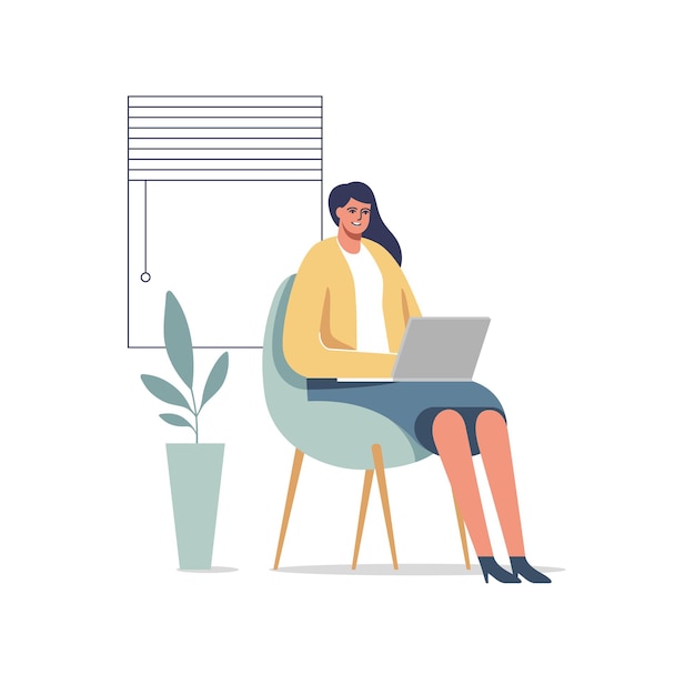 Empreendedora trabalhando com um laptop em um pequeno escritório ou em casa. Ilustração vetorial
