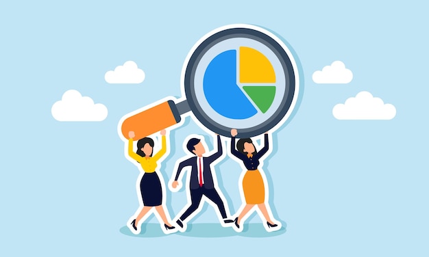 Empreendedores trabalham juntos para carregar uma lupa com um gráfico circular em sua lente ilustração do trabalho em equipe na análise do desempenho dos negócios