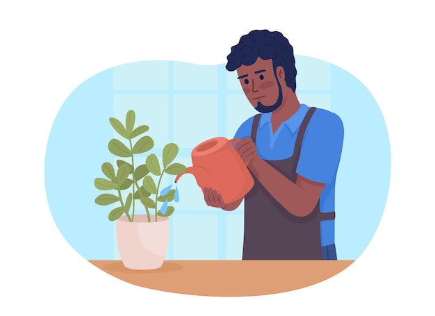 Empregada cuidando da ilustração isolada do vetor 2D de plantas domésticas
