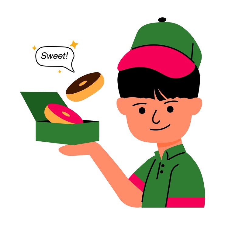 Vetor empregado de uma loja de donuts segurando um donut especial vector trabalhador de uma padaria e ilustração de sobremesa doce