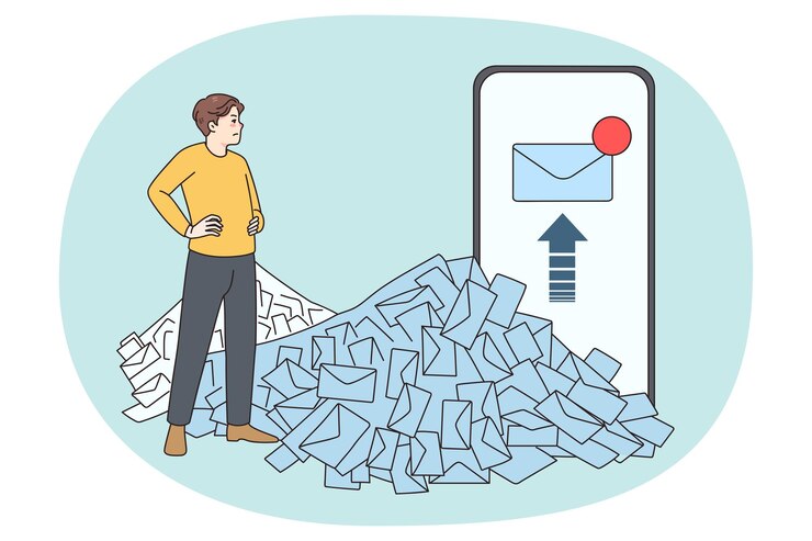 Vetor empregado masculino considera pilha de e-mails de trabalho não lidos
