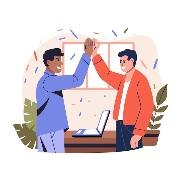 Empregados dando cinco em uma celebração de equipe ilustração plana