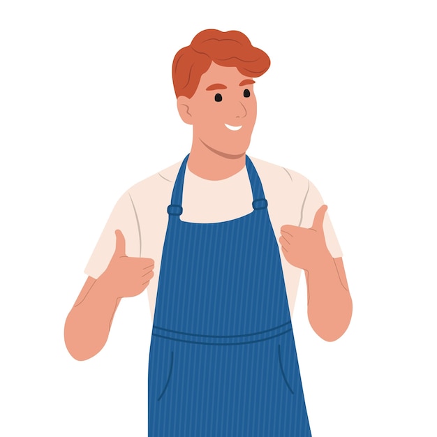 Empregados de mercearias pequenas empresasFeliz homem positivo mostrando o gesto Ilustração vetorial plana