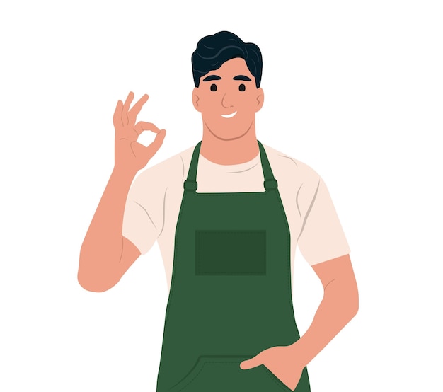 Vetor empregados de mercearias pequenas empresasfeliz homem positivo mostrando o gesto ilustração vetorial plana