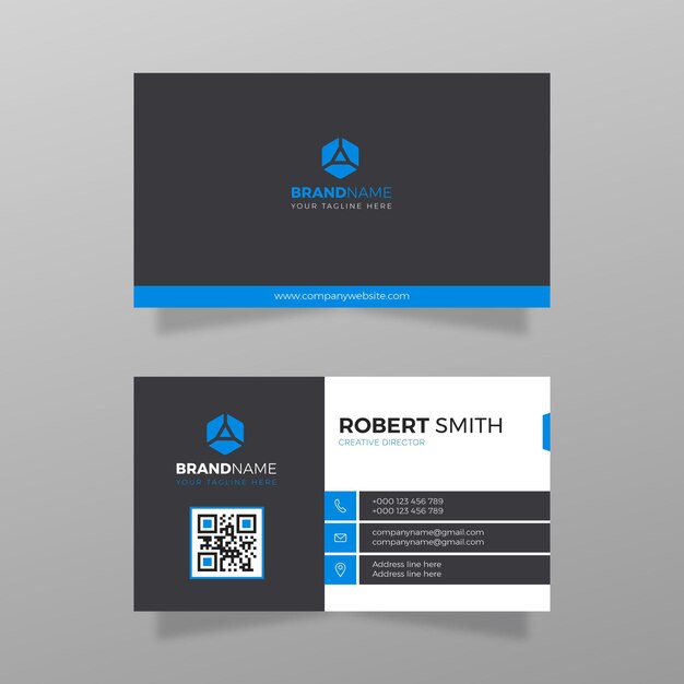 Empresa de design de cartão de visita e vetor de negócios cor branca e azul