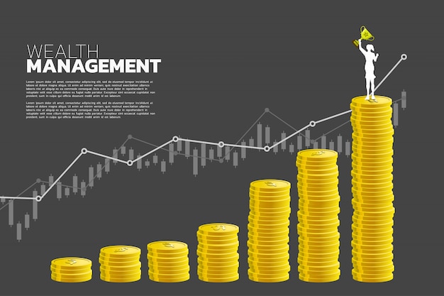 Empresária, com, troféu vencedor, ficar, cima, gráfico