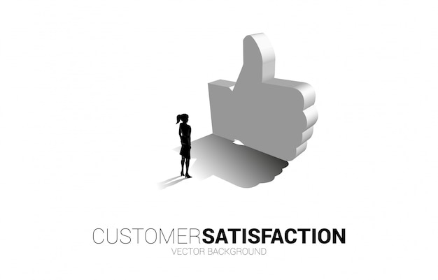 Empresária de silhueta em pé com o polegar 3d no ícone. conceito de satisfação do cliente, classificação e classificação do cliente.