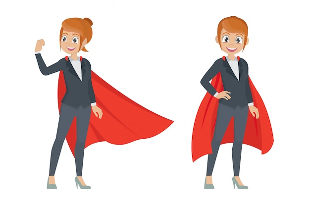 Empresária em poses de ação. Super-herói feminina.
