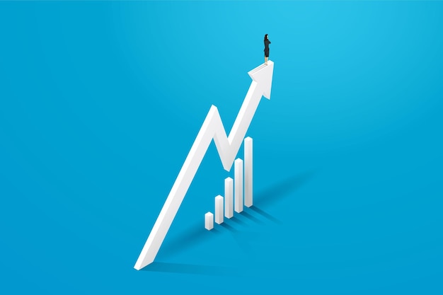 Empresária fica na seta do gráfico e crescimento do progresso Ilustração do conceito de negócio.