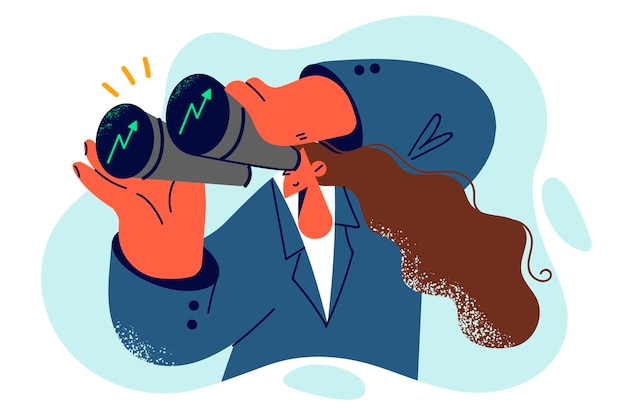 Empresária observando gráficos de investimento através de binóculos fazendo análises financeiras