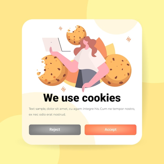 empresária segurando a proteção de cookies de informações pessoais internet web pop up usamos cookies conceito de notificação de política retrato cópia espaço ilustração vetorial