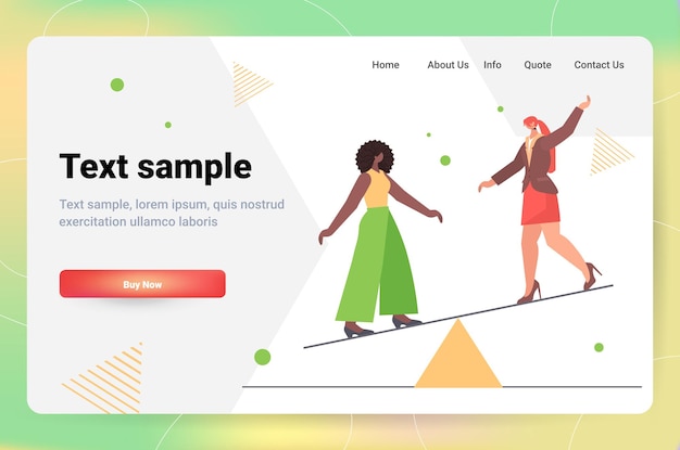 Empresárias de raça mista equilibrando em escala conceito de competição de igualdade de negócios horizontal ilustração vetorial de espaço de cópia de comprimento total