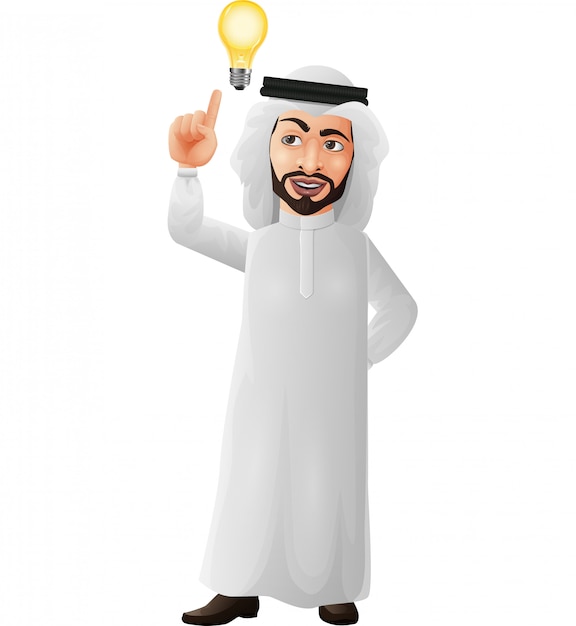 Empresário árabe dos desenhos animados, pensando e tendo a ideia