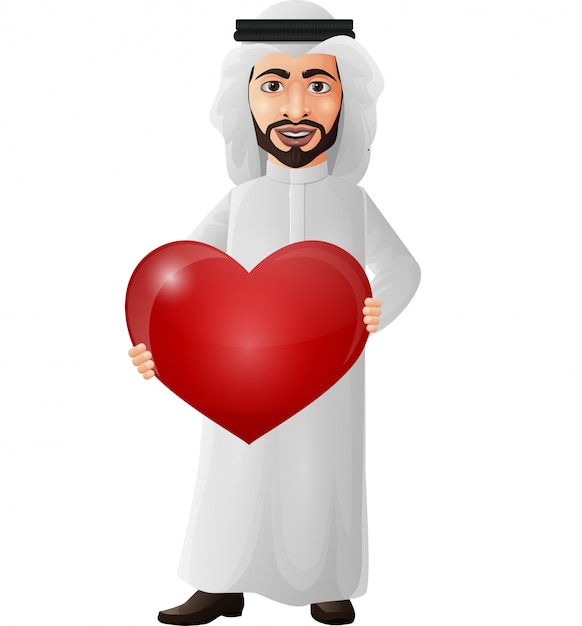 Empresário árabe dos desenhos animados, segurando um coração vermelho