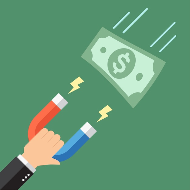 Empresário atrair dinheiro dólar com um grande ímã. em estilo de design plano