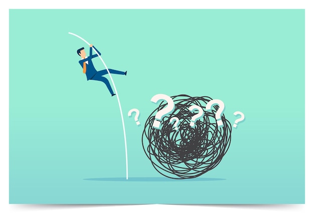 Empresário atravessa o ponto de interrogação usar salto com vara design de ilustração vetorial