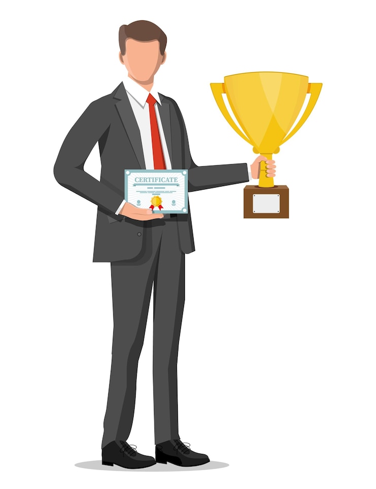 Vetor empresário bem sucedido, segurando o troféu e mostrando o certificado do prêmio, comemora sua vitória. sucesso empresarial, triunfo, objetivo ou realização. vencimento da competição. estilo simples de ilustração vetorial