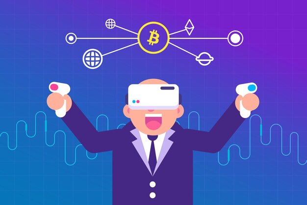 Empresário careca usando VR no Metaverse com ilustração de criptografia e blockchain
