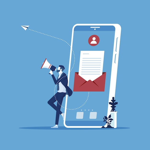 Vetor empresário com novo e-mail marketing no smartphone, conceito de e-mail marketing móvel