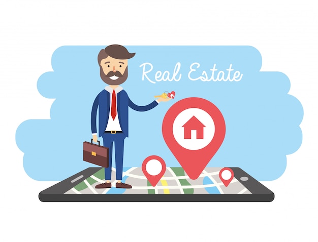 Empresário com smartphone e mapa de venda de propriedade