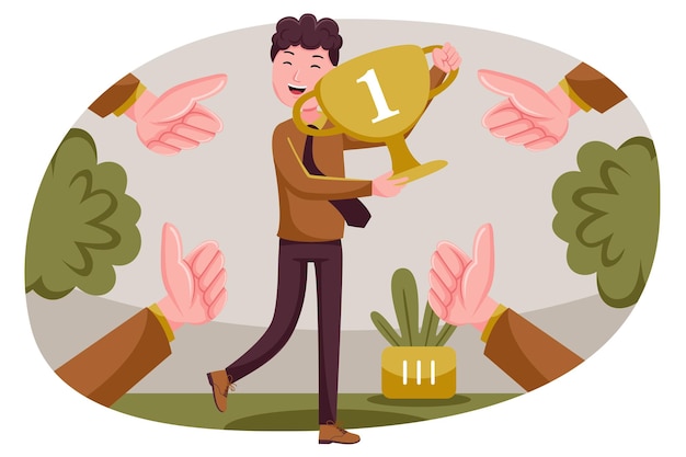 Empresário, comemorando com o prêmio troféu de sucesso nos negócios.