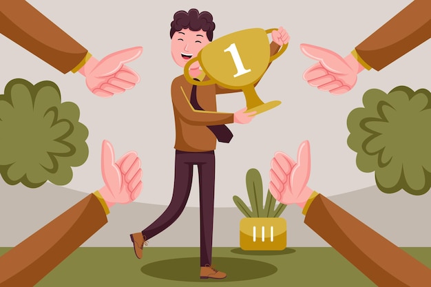 Empresário, comemorando com o prêmio troféu de sucesso nos negócios.