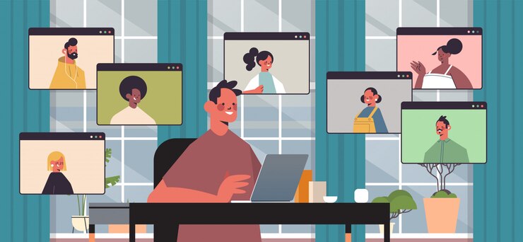 Vetor empresário conversando com colegas de raça mista durante pessoas de negócios de chamada de vídeo tendo conferência on-line reunião comunicação conceito escritório interior retrato horizontal ilustração