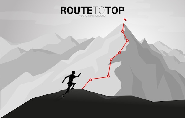 Vetor empresário correndo para chegar ao topo da montanha. conceito de objetivo, missão, visão, plano de carreira, conceito de vetor estilo de linha de conexão de ponto de polígono