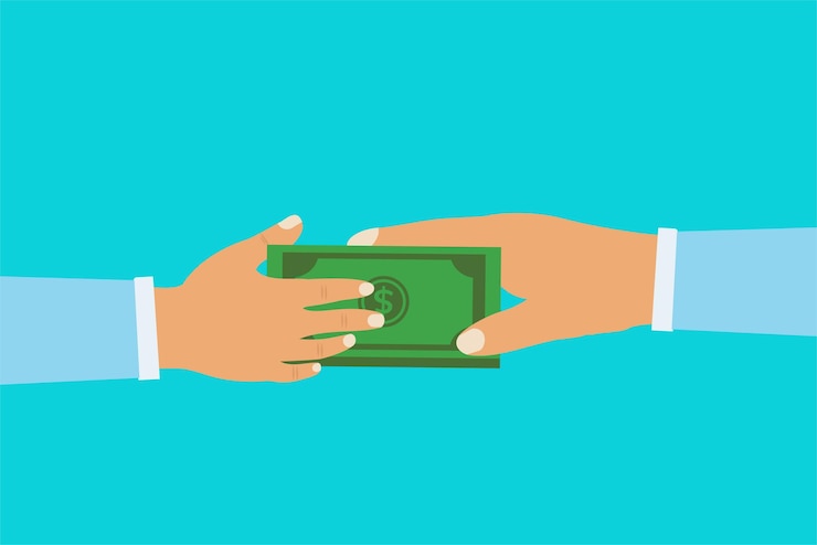 Vetor empresário dando pacote de dinheiro para outro vetor conceito de transferência de dinheiro com mãos humanas mão dando e recebendo pacotes de dólares em um fundo azul claro oferta de negócios e conceito de negócio