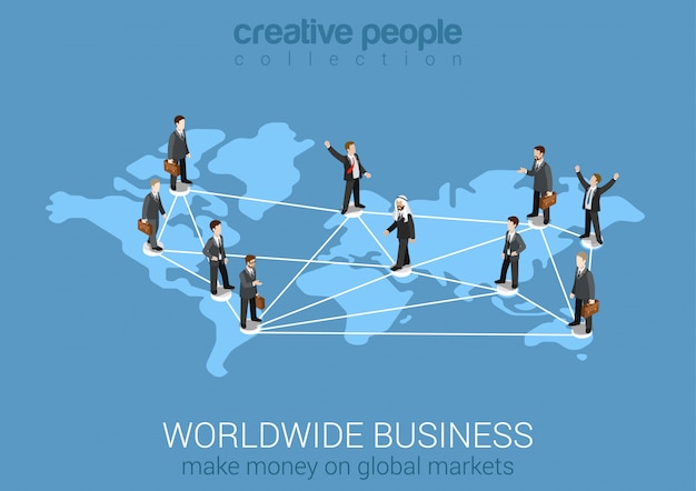 Vetor empresário de conceito isométrico de rede de negócios em todo o mundo conectado no mapa do mundo