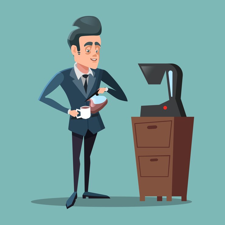 Vetor empresário de desenho animado fazendo café. pausa para o trabalho.